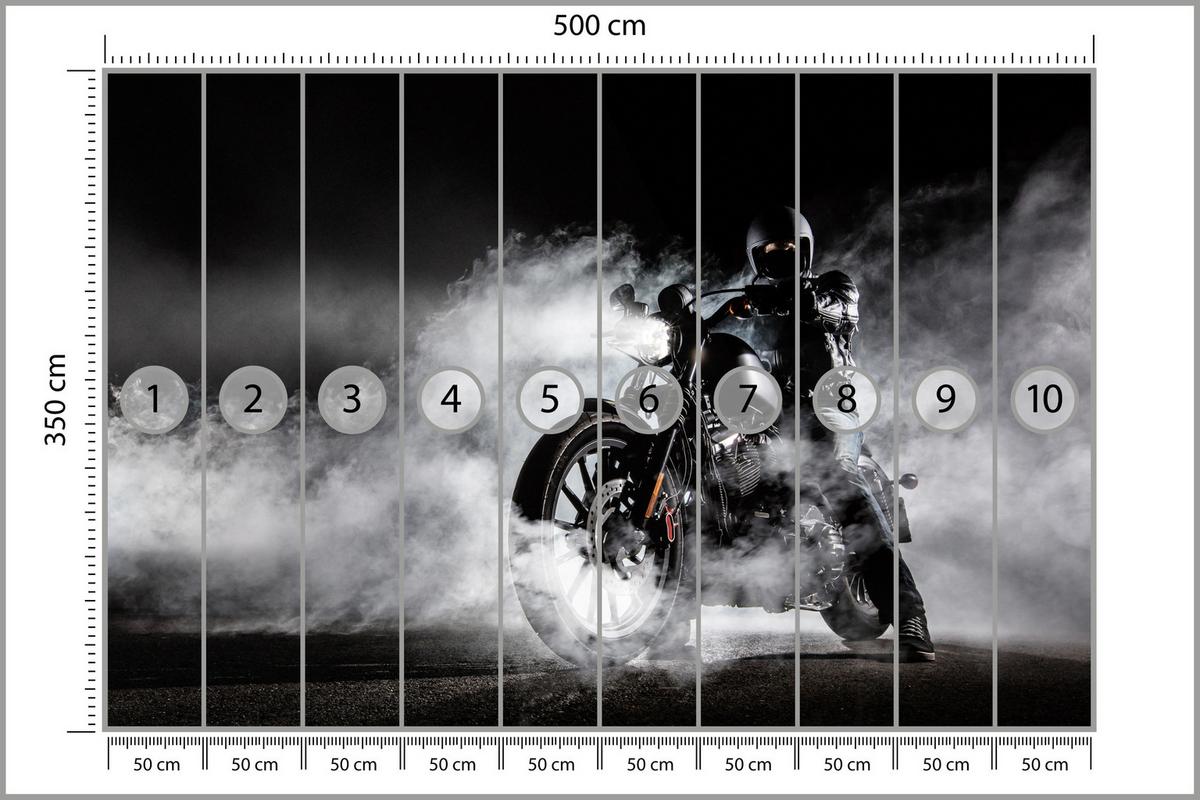 FOTOTAPETE für Jugendzimmer Motorrad Nebel Mann Straße Rauch Sport Action 500x350 - Schwarz/Weiß, Papier (500/350cm) - Muralo