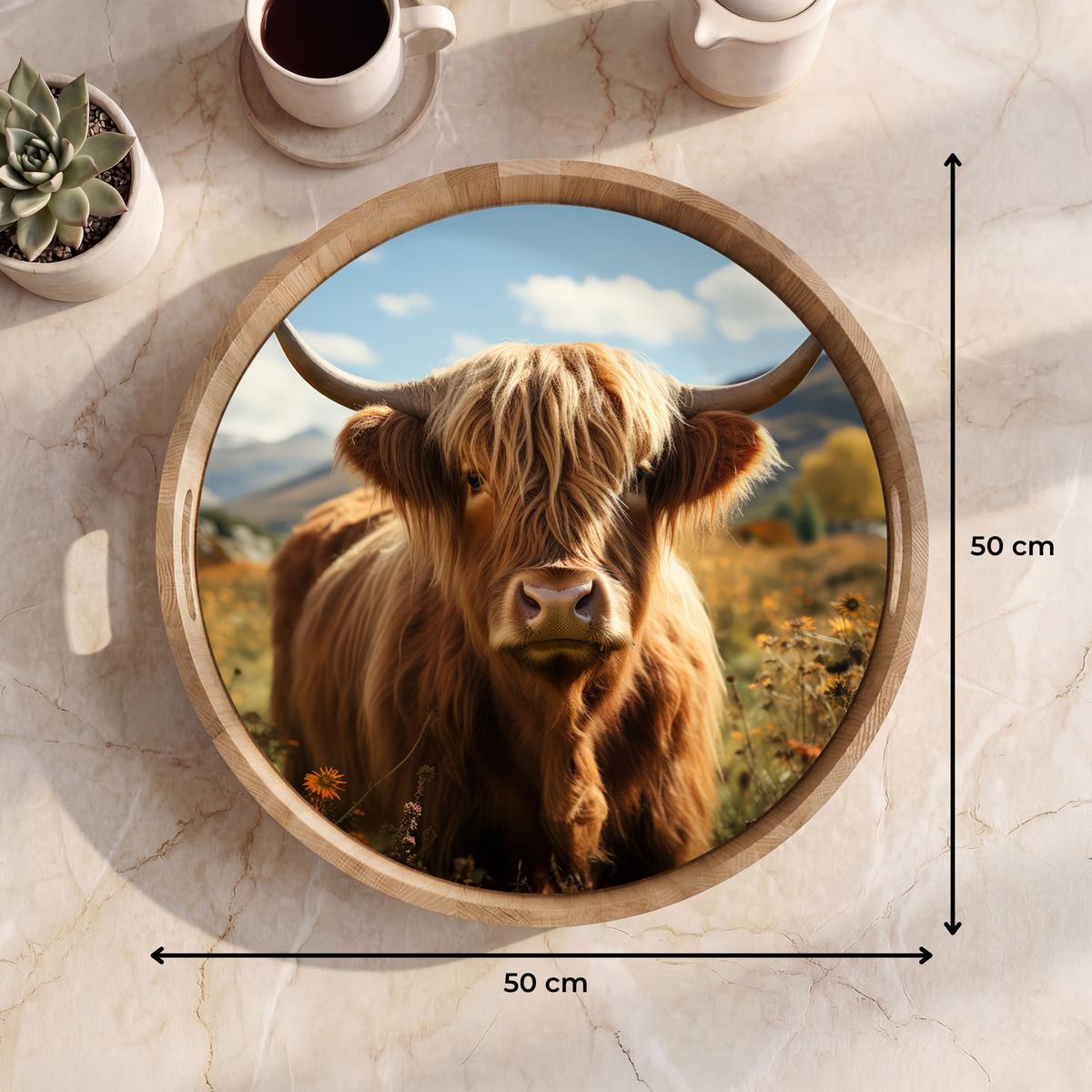 TABLETT Schottische Highlander - Blumen - Hörner - Wolken 50x50 cm - Braun, Holz (50/5/5cm) - OnlyWow