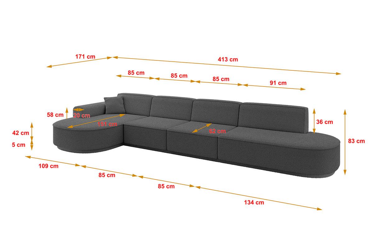ECKSOFA Ottomane Links MARI-L3-v3 - 413x171x83 cm Grau Bouclé - Schwarz/Grau, Holzwerkstoff/Kunststoff (413/171cm) - ALTDECOR