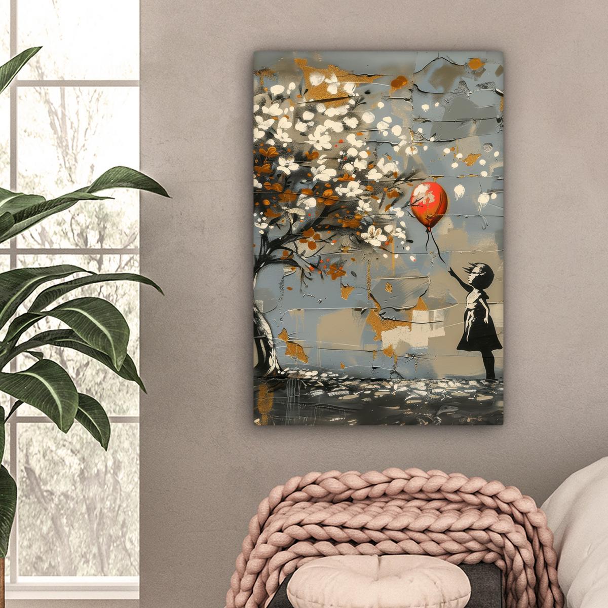 LEINWANDBILD Baum - Graffiti - Banksy-Stil - Ballon-Mädchen Wanddeko 40x60 cm - Blaugrau, Textil (40/60cm) - MuchoWow