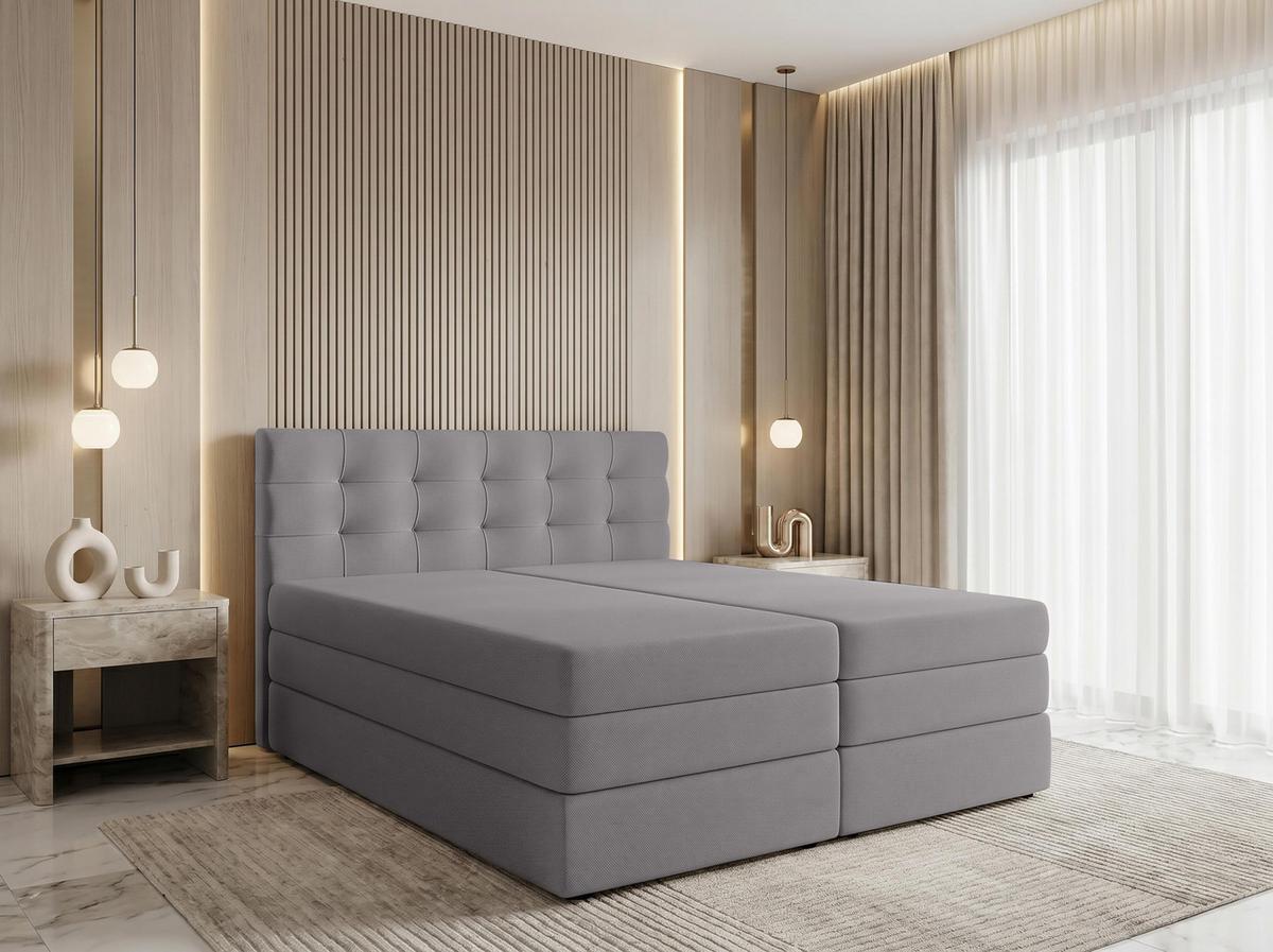 BOXSPRINGBETT FINIKE 140x200 cm mit Bettkasten und 2 Matratzen - Hellgrau + TOPPER - Hellgrau/Schwarz, Holz/Holzwerkstoff (140/200cm) - AX Living