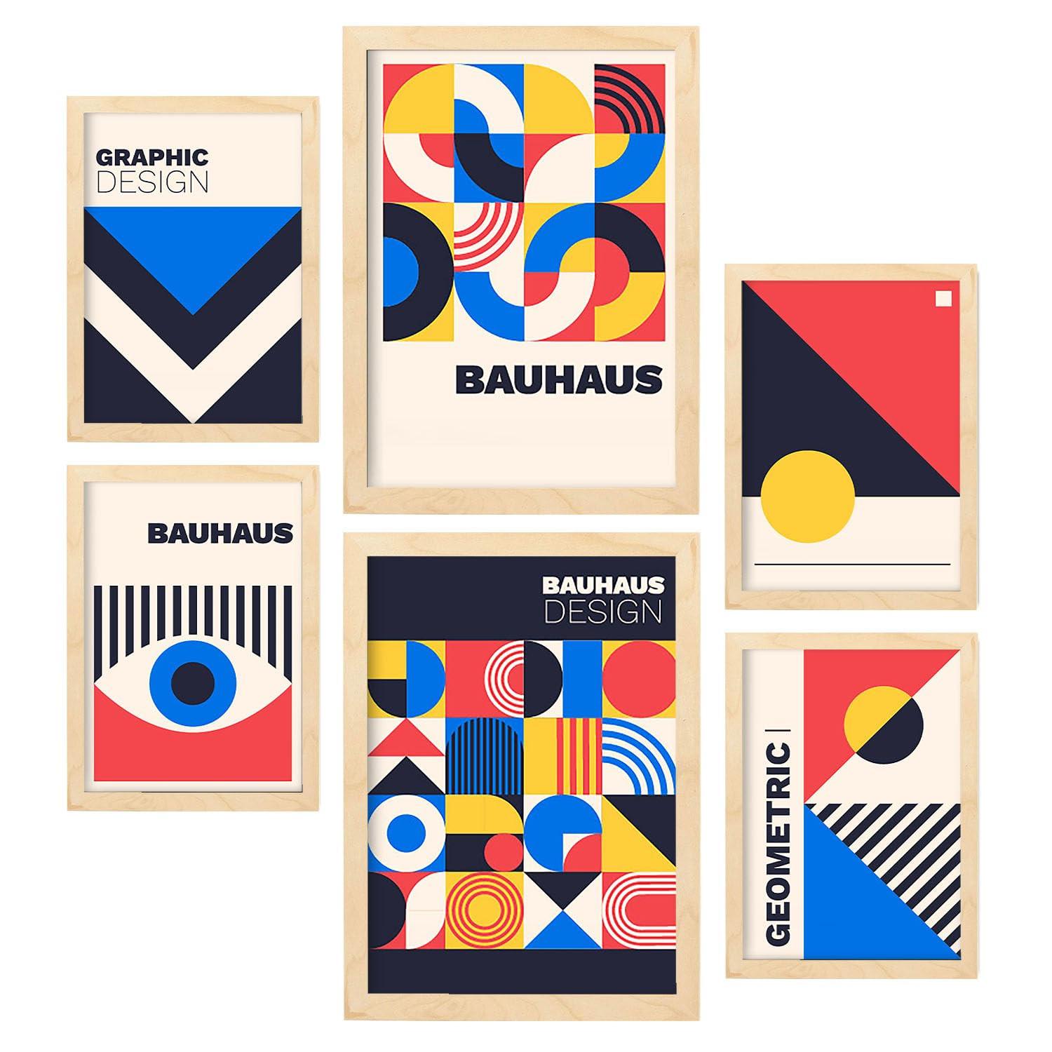 POSTER Set Mit 6 Drucken Im Bauhaus 4 Geometrische Designkollektion Drucke Mit Ästhetische Dekorative Für Zuhause A3 & A4 Rahmen Aus Hellem Holz - Beige, Papier (29/3cm) - Nacnic