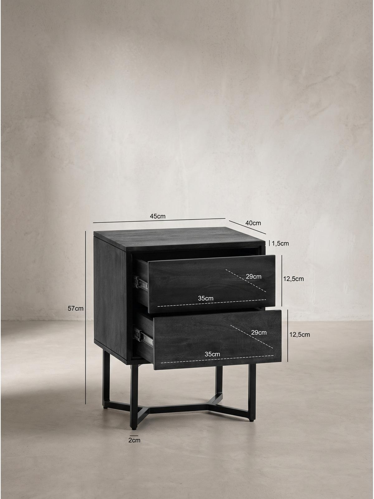 NACHTKONSOLE ORBIGO, Akazie Massivholz, Schwarz, 45 x 40 x 57 cm - Schwarz, Holz/Metall (45/57/40cm) - KADIMA DESIGN
