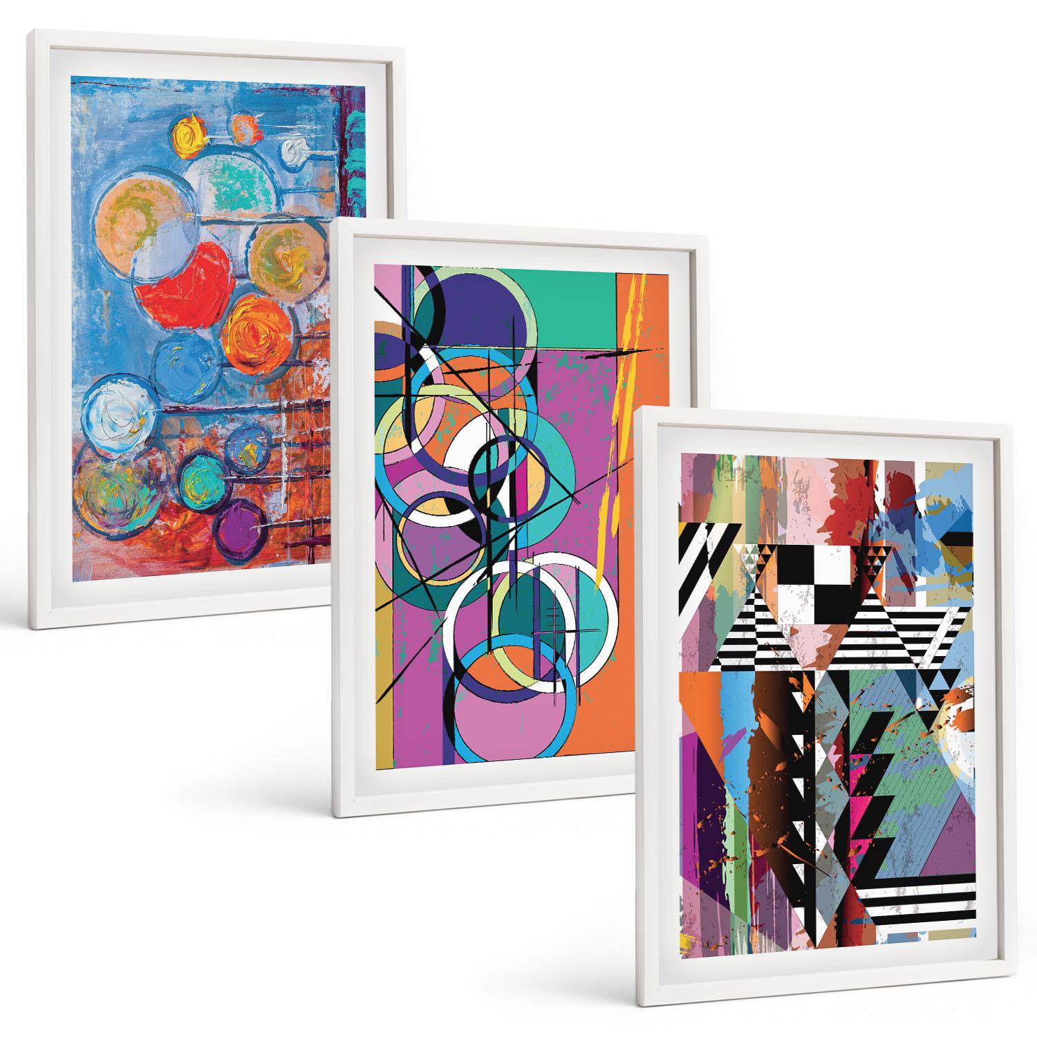 BILDER SET 3er Set - 40x60 cm Weißer Rahmen - Bunte abstrakte Kreise Geometrie - Weiß, Kunststoff (40/60cm) - TULUP