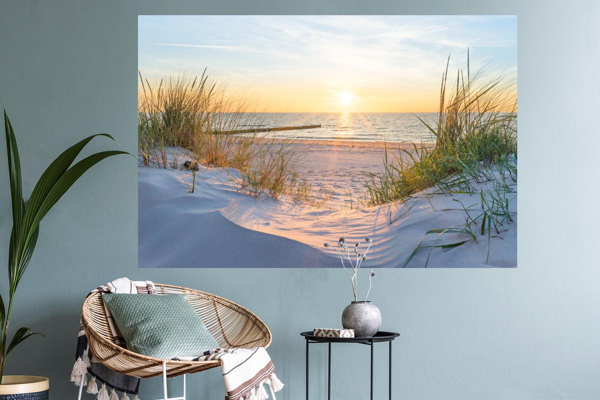 WANDTATTOO Strand - Sonne - Düne - Gras - Sand - Horizont Wandsticker 120x80 cm - Hellblau, Kunststoff (120/80/0.1cm) - MuchoWow