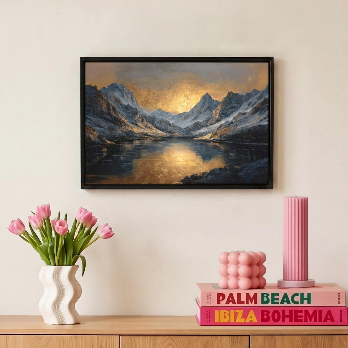 LEINWAND Bilder mit Rahmen - Bergkulisse mit goldenem Sonnenuntergang - 30x20 - Goldfarben, Textil (30/20cm) - MuchoWow