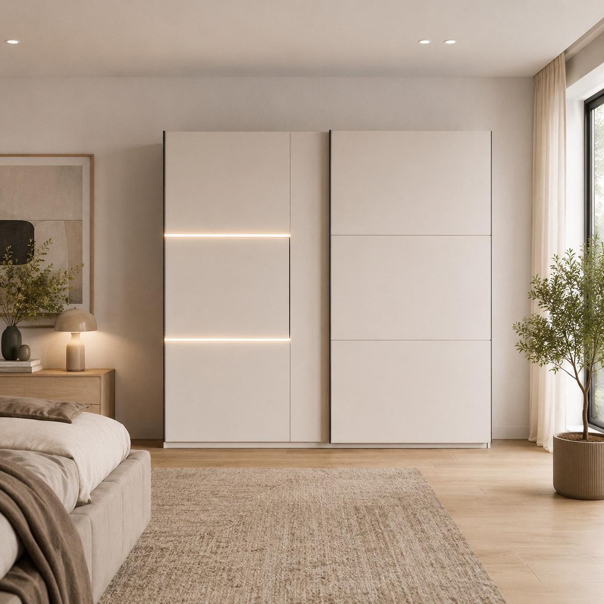 SCHWEBETÜRENSCHRANK Travis mit 2 Türen und LED-Beleuchtung, 250 cm, Kaschmir - Kaschmir, Holzwerkstoff (250/215/65cm) - Beautysofa