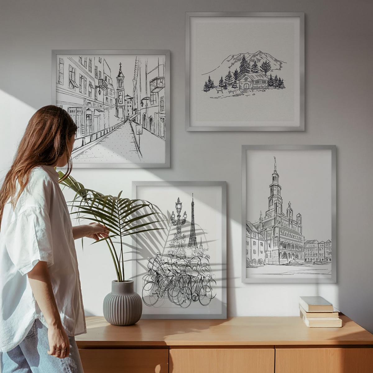 BILDER SET 4er Set - 50x50 cm & 40x60 cm Silberner Rahmen - Einfache Zeichnungen von Stadtansichten - Silberfarben, Kunststoff (50/50cm) - TULUP