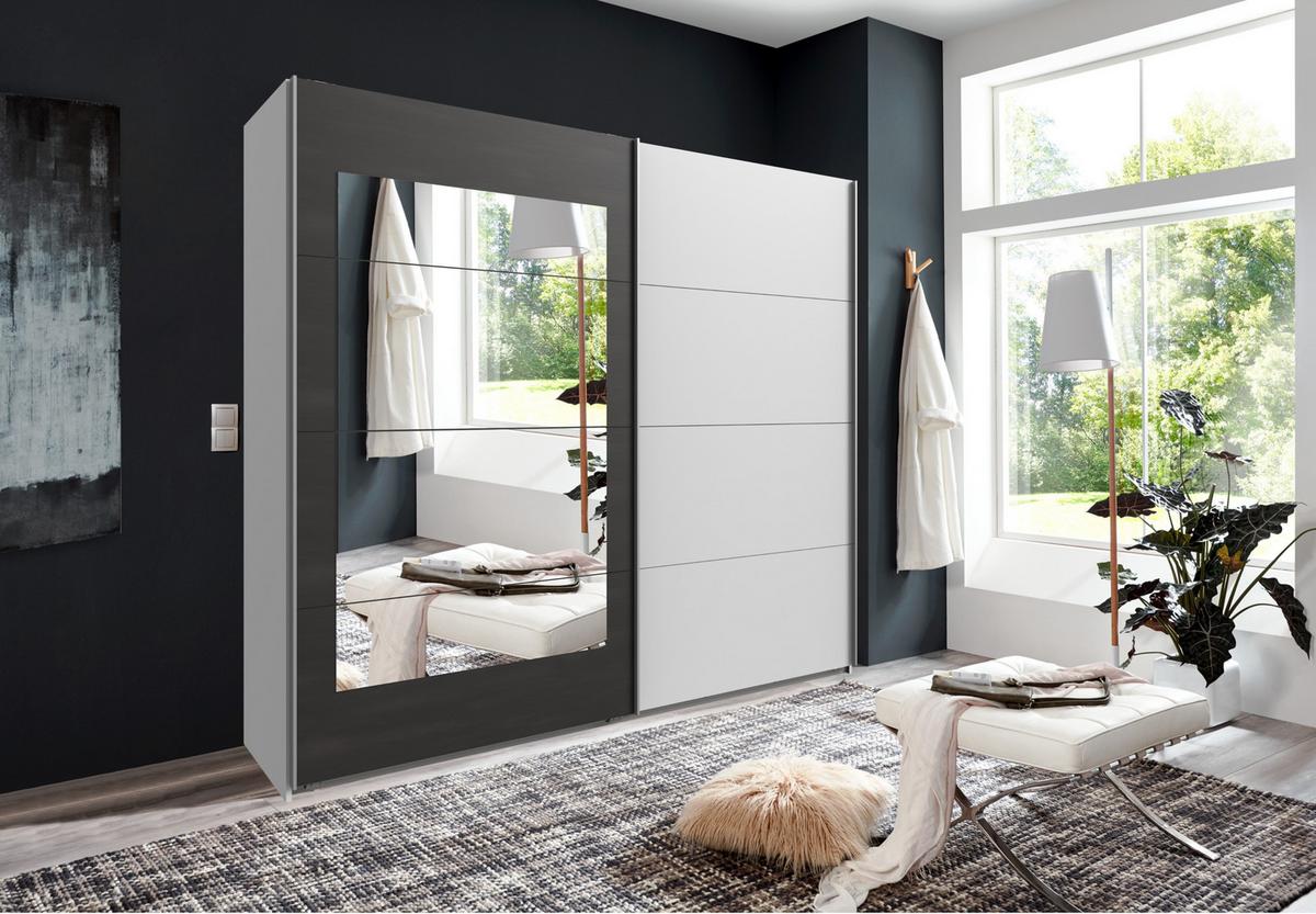 SCHWEBETÜRENSCHRANK 2-türig B225/H208/T65 cm, Kleiderschrank in Weiß mit Rahmenspiegel auf Tür in grauer Stahl-Optik / 22005 - Weiß/Grau, Holzwerkstoff/Metall (225/208/65cm) - luma-home