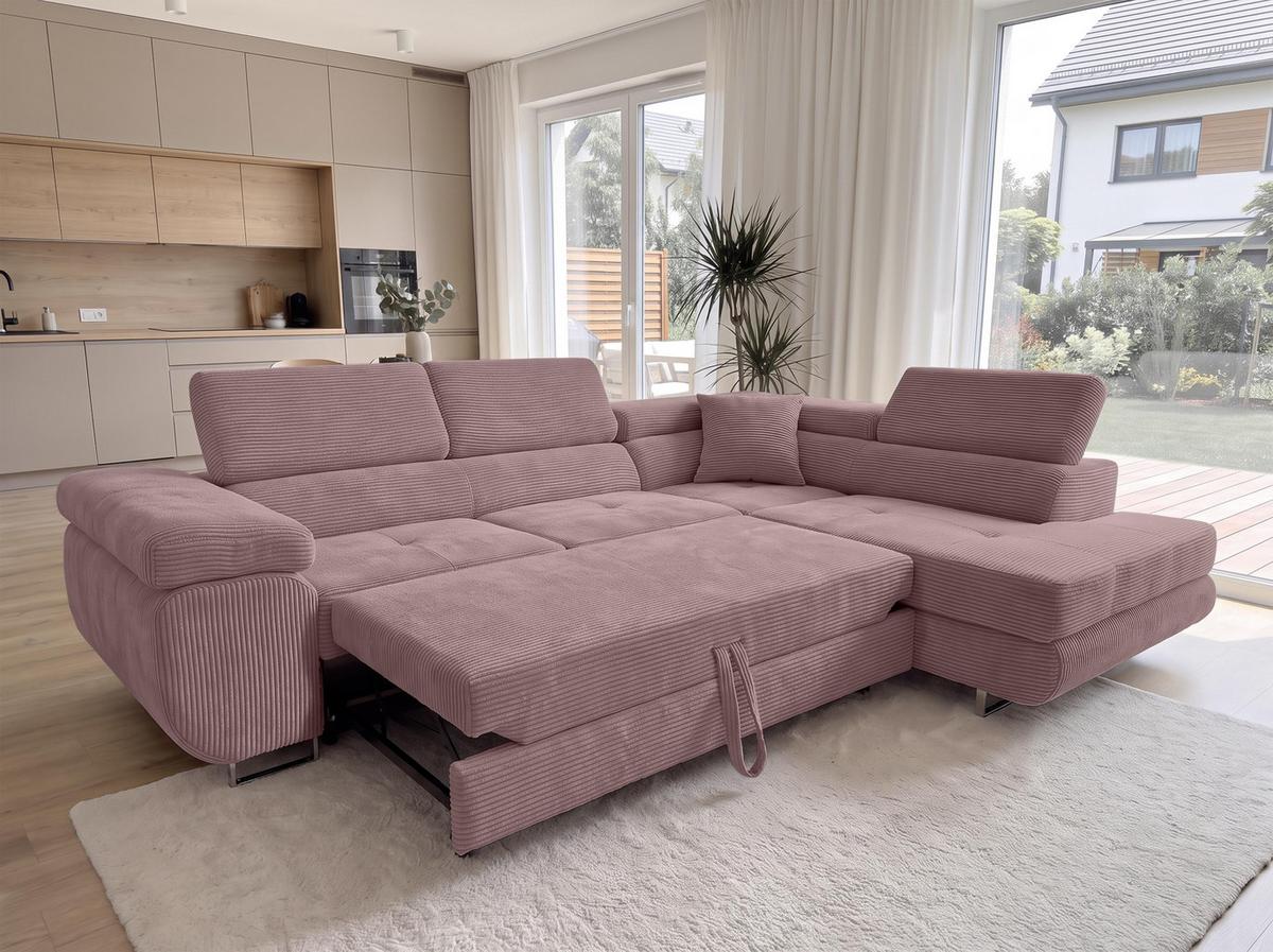 ECKSOFA L Form Konak Rosa 276/201/90 cm Rechts mit Schlaffunktion - Silberfarben/Rosa, Textil/Metall (276/203cm) - AX Living