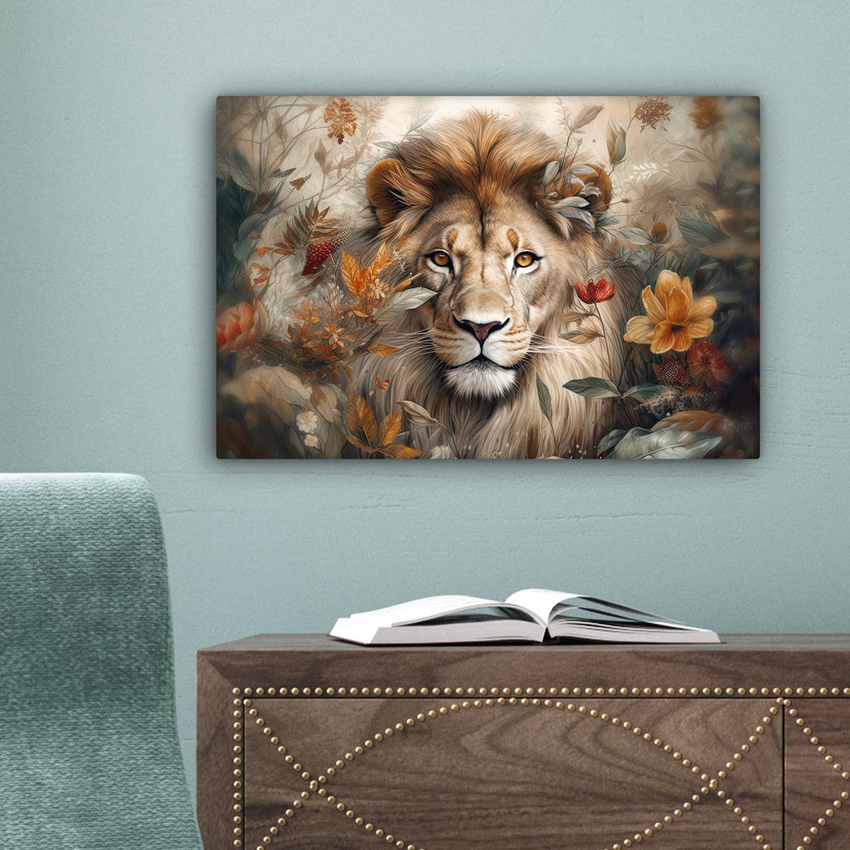 LEINWANDBILD Löwe - Wildtiere - Pflanzen - Natur - Blumen Deko Schlafzimmer 30x20 cm - Beige, Textil (30/20cm) - MuchoWow