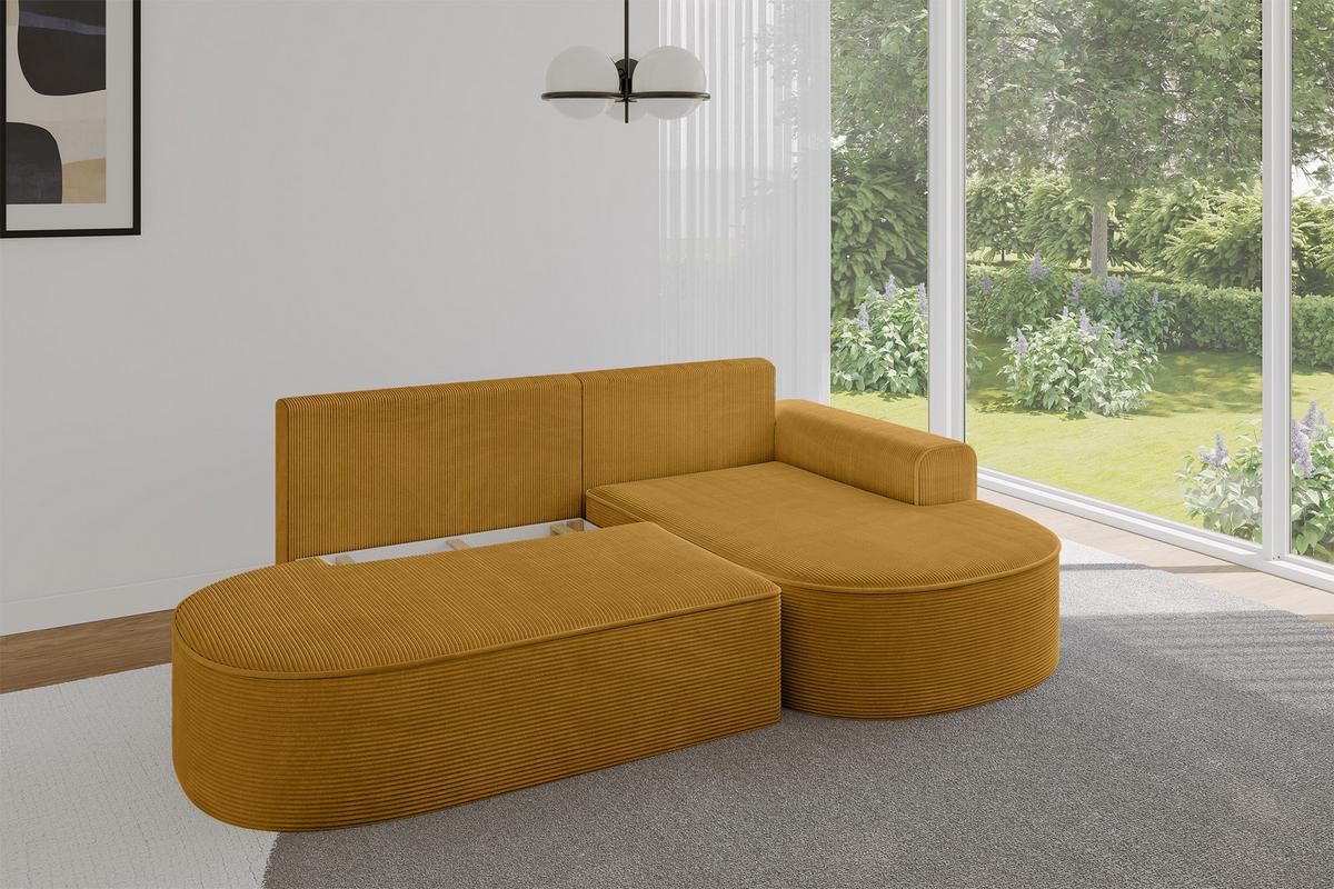 ECKSOFA mit Schlaffunktion und Bettkasten Ottomane Rechts MARI-L1-S - 283x167x73 cm Senfgelb Cord - Gelb/Schwarz, Holzwerkstoff/Kunststoff (167/283cm) - ALTDECOR