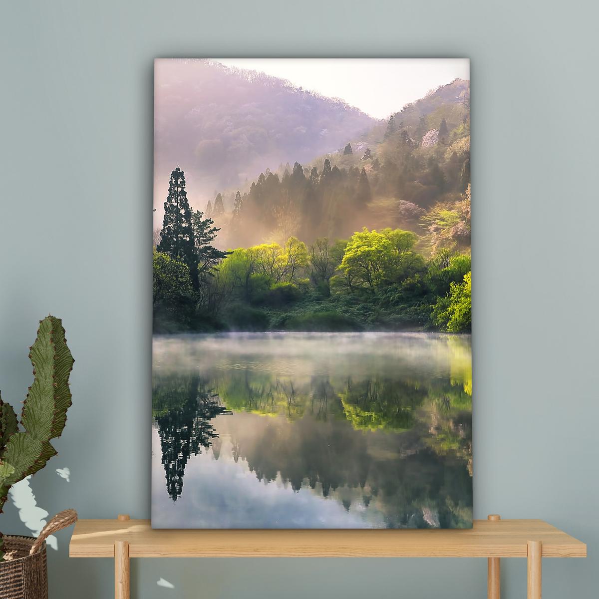 LEINWANDBILD Natur - Bäume - Berge - See - Wasser Wanddeko 40x60 cm - Hellgrün, Textil (40/60cm) - MuchoWow