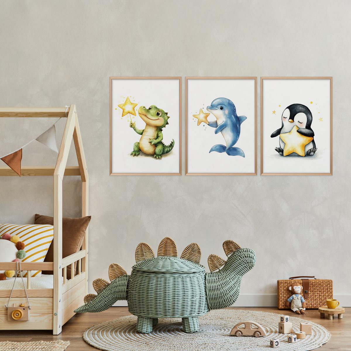 POSTER SET für Kinderzimmer TIERE Sterne Krokodil Delfin Pinguin A3 30x42cm - Gelb/Schwarz, Papier (30/42/1cm) - Muralo
