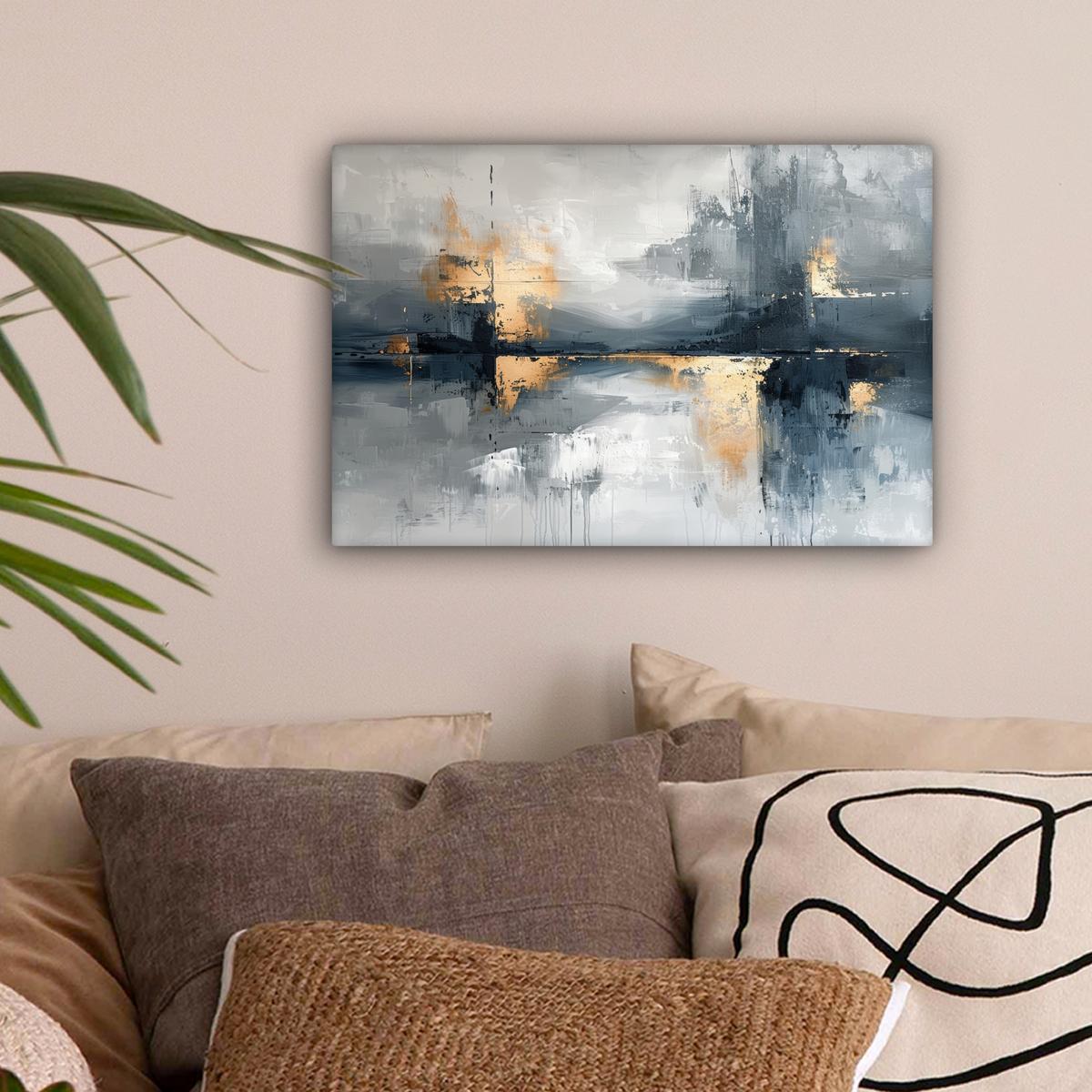 LEINWANDBILD Kunst - Grau - Gold - Abstrakt Deko Schlafzimmer 30x20 cm - Dunkelgrau, Textil (30/20cm) - MuchoWow