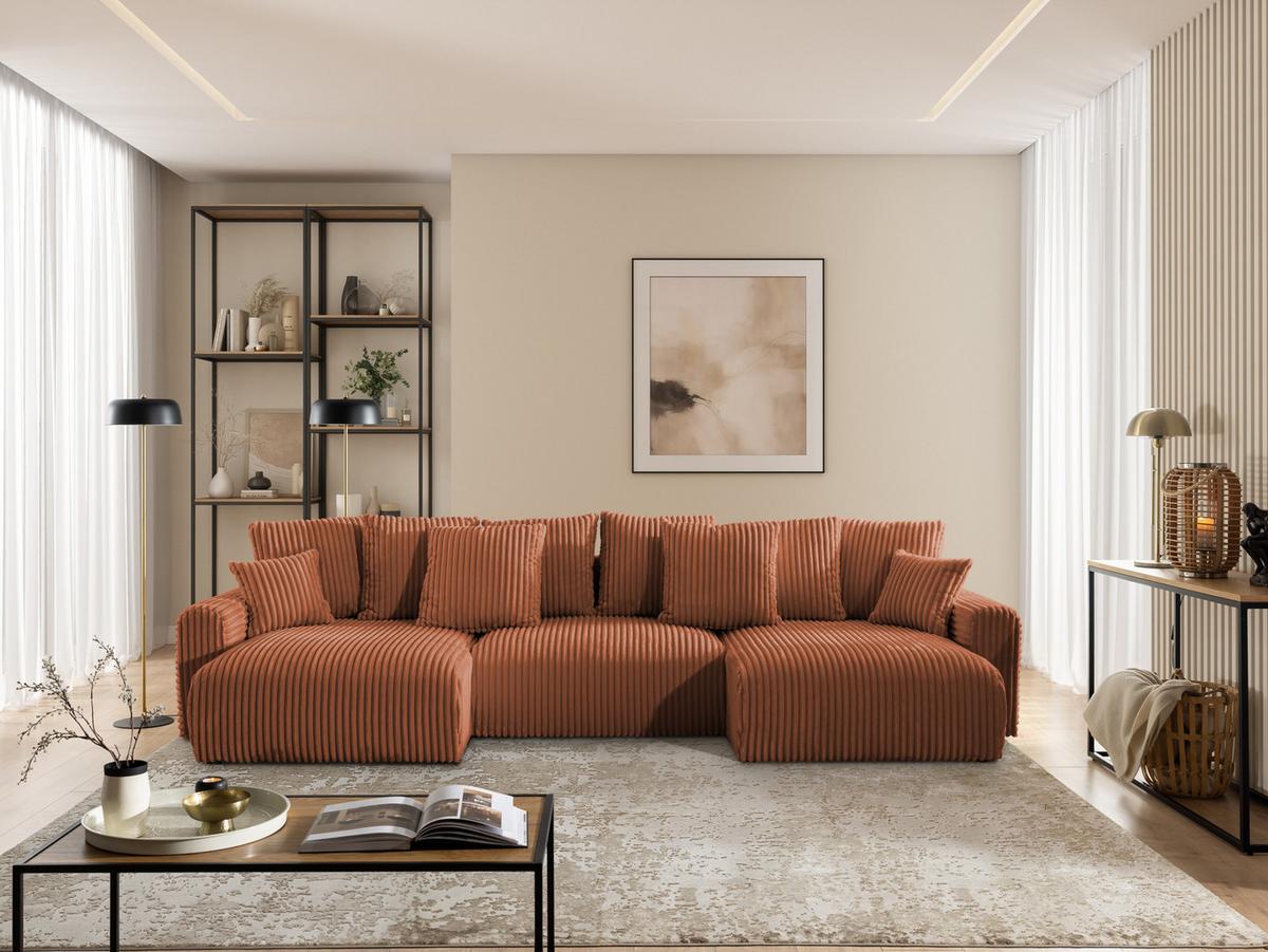 WOHNLANDSCHAFT Calma mit Schlaffunktion und Bettkasten im Bumpy-Design aus weichem Terrakotta Plüschcord - Beige/Terracotta, Holz/Textil (336/88/140cm) - S-Style