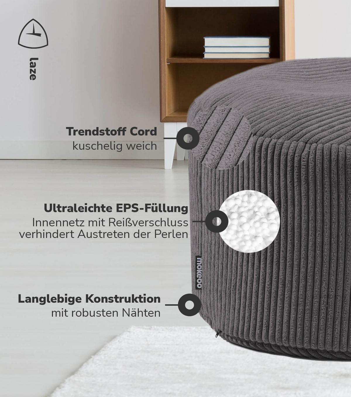 POUF Cord Der Faule Lenz - Anthrazit, Textil (50/30/50cm) - Mokebo