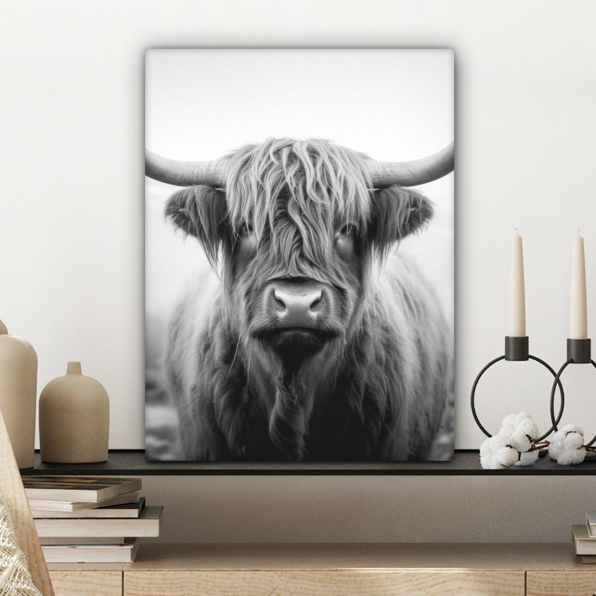 LEINWANDBILD Schottischer Highlander - Nebel - Schwarz - Weiß Room Decor 30x40 cm - Grau, Textil (30/40cm) - MuchoWow