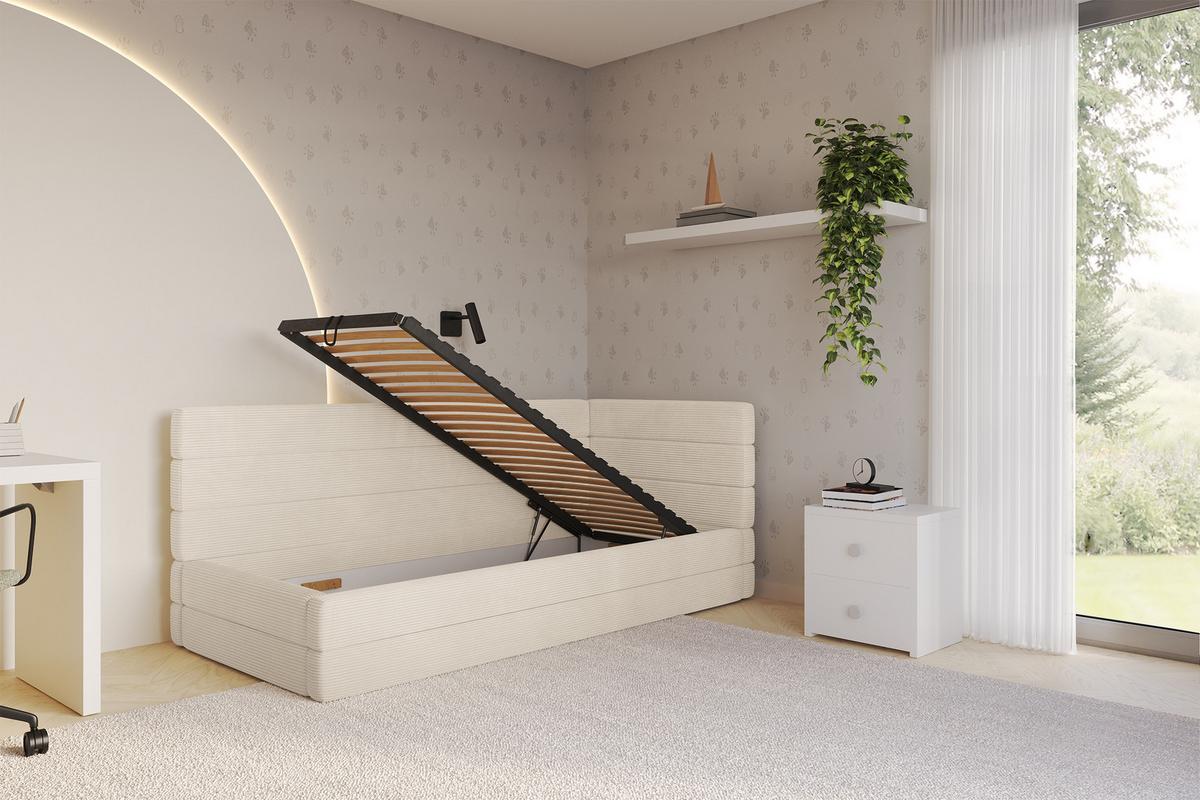 EINZELLBETT Jugendbett mit Bettkasten und Matratze H3/H4, Links - BEMY 100x200 Beige - Creme, Holzwerkstoff/Textil (100/200cm) - ALTDECOR