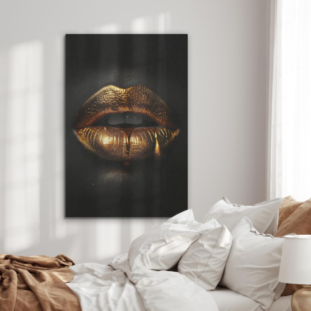AKUSTIKBILD Frau - Porträt - Lippen - Gold - Schwarz Wanddeko 70x100 cm - Schwarz, Kunststoff (70/100/0.9cm) - MuchoWow