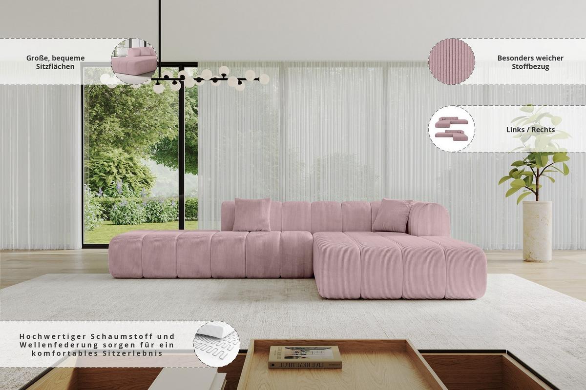ECKSOFA Ottomane Rechts BILA-L 289x176x71 Rosa Cord - Schwarz/Rosa, Holzwerkstoff/Kunststoff (289/176cm) - ALTDECOR