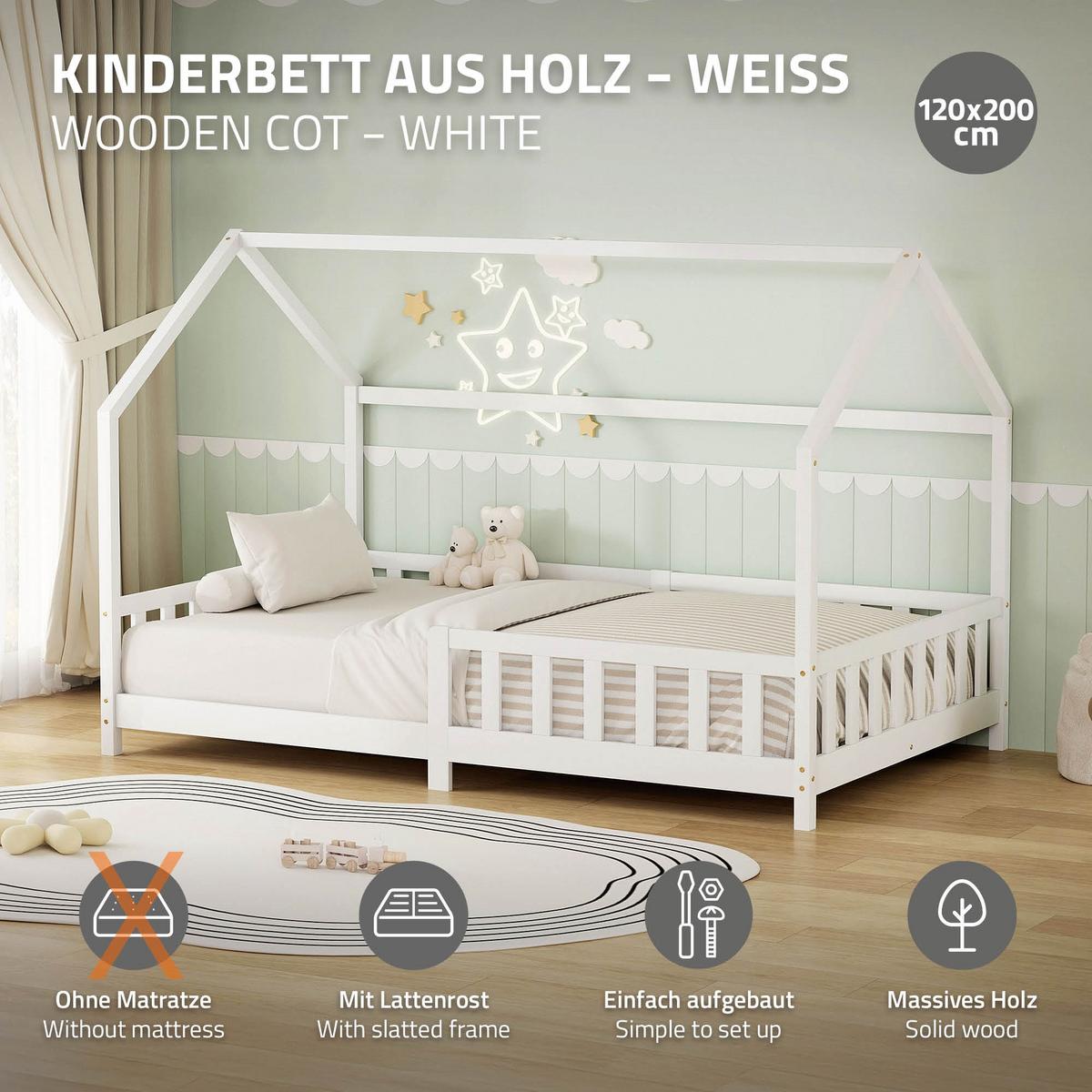 KINDERBETT 120x200 cm mit Rausfallschutz Weiß aus massivem Kiefernholz - Weiß, Holz (120/200cm) - ML-DESIGN