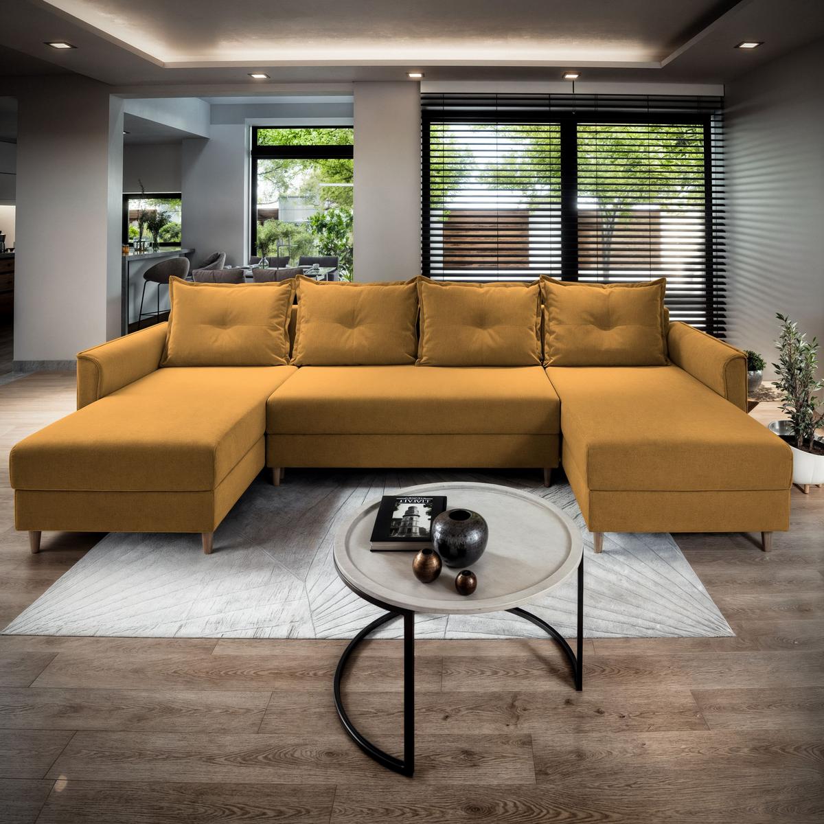 WOHNLANDSCHAFT VERNI Gelb Plüsch-Stoff mit Schlaffunktion - Gelb/Braun, Holz/Textil (285/91/143cm) - MASSENO
