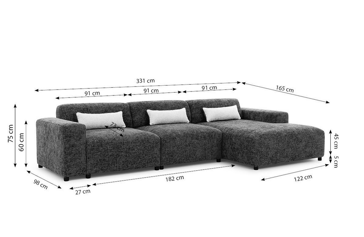 ECKSOFA L Form Jughlio Hellgrau 331/165/75 cm Rechts mit Schlaffunktion - Hellgrau/Schwarz, Kunststoff/Textil (331/165cm) - AX Living