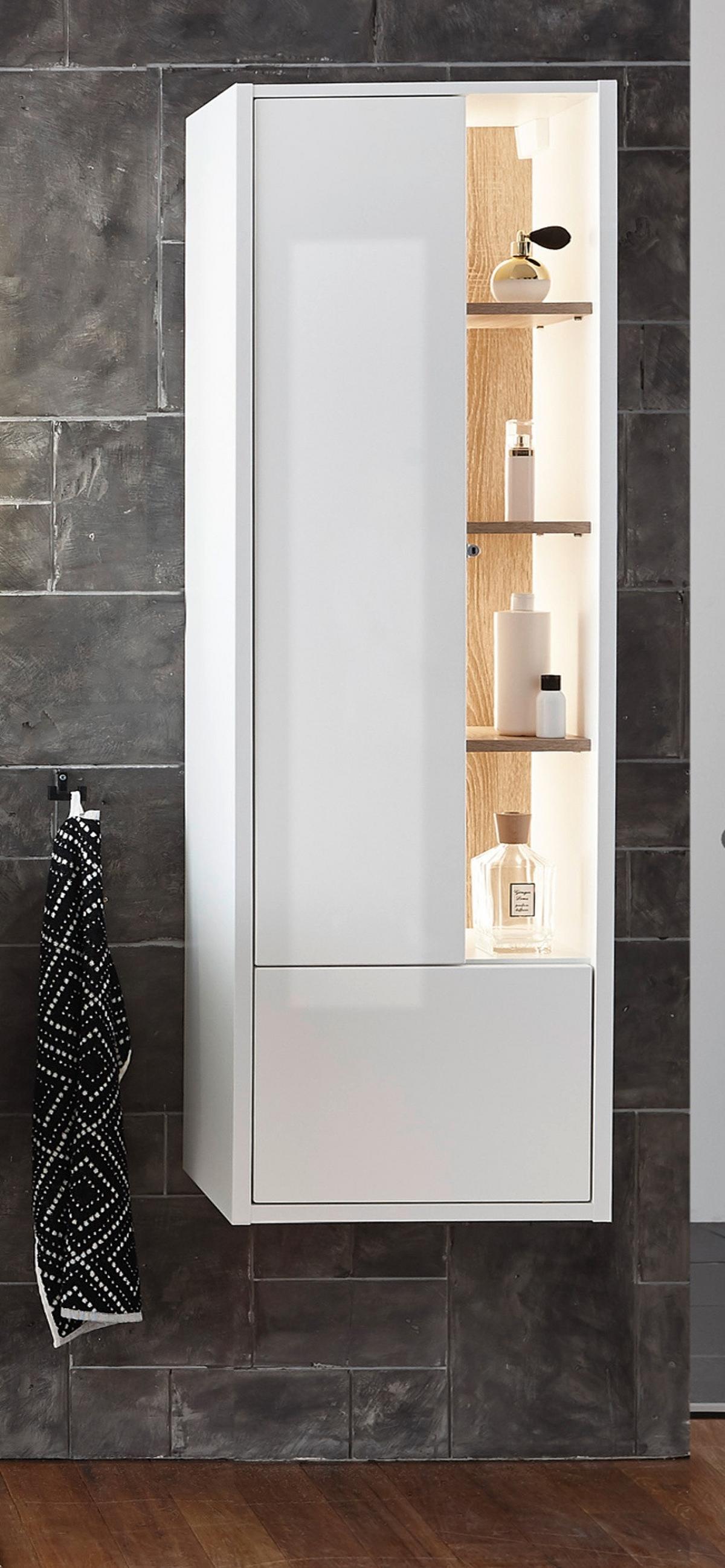 HOCHSCHRANK weiß Hochglanz, Eiche 45 cm, Badschrank inklusive Beleuchtung - Weiß Hochglanz, Holzwerkstoff (45/150/30cm) - Furn.Design