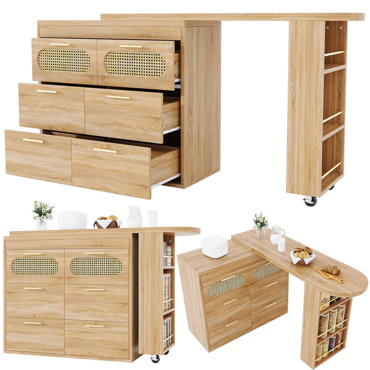 BARTISCH mit küchenbuffet 360° drehbar & 6 schubladen - Naturfarben, Holzwerkstoff (39/203/90cm) - Urban Meuble