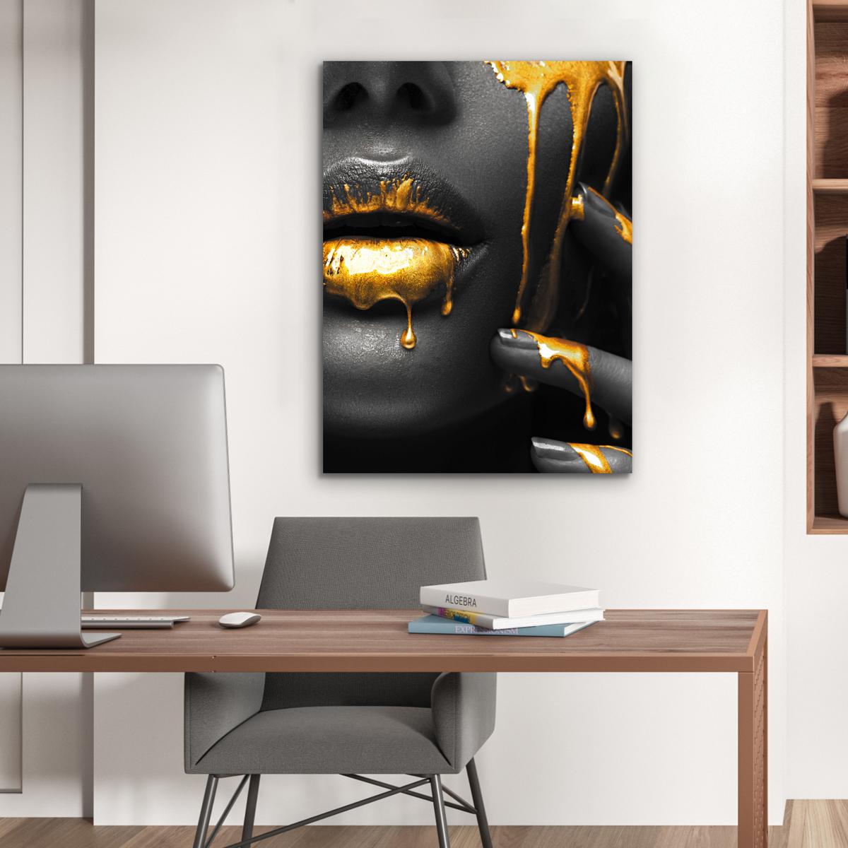 METALLBILD Frau - Schwarz - Gold - Gesicht - Lippen 60x80 cm - Goldfarben, Metall (60/80cm) - MuchoWow