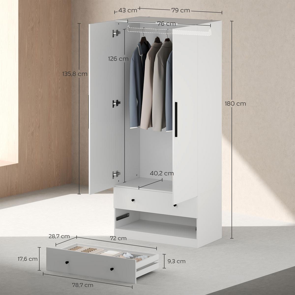 KLEIDERSCHRANK MDF Weiß - Weiß, Holzwerkstoff (43/180/79cm) - HOMCOM