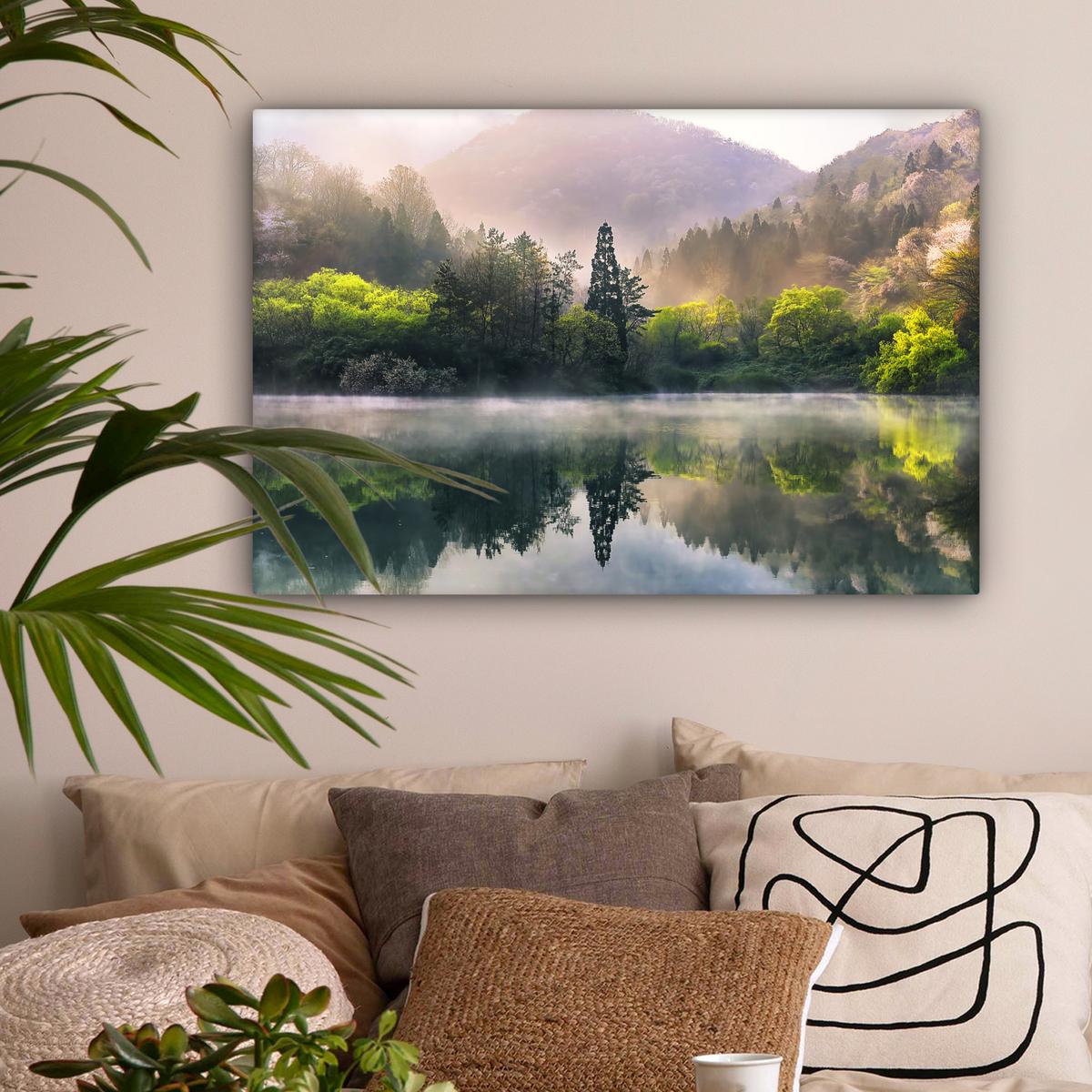 LEINWANDBILD Natur - Bäume - Berge - See - Wasser Gemälde 60x40 cm - Hellgrün, Textil (60/40cm) - MuchoWow