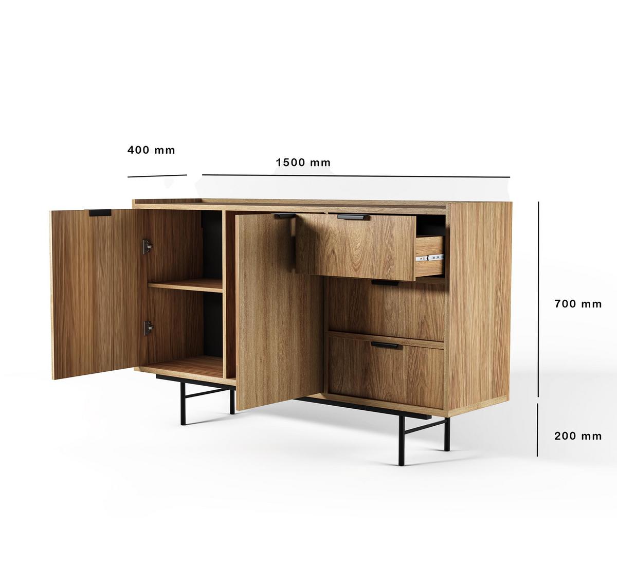 SIDEBOARD Nordiva 2T 3S Hikora Natur 150/90/40 cm – Metallgestell - Schwarz/Naturfarben, Holzwerkstoff/Metall (150/91/40cm) - AX Living