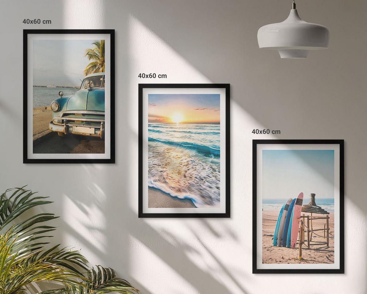 BILDER SET 3er Set - 40x60 cm Schwarzer Rahmen - Sonnenuntergangsurlaub in Miami - Schwarz, Kunststoff (40/60cm) - TULUP