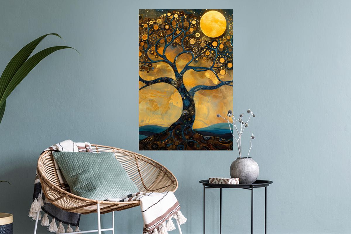 WANDTATTOO Baum - Mond - Blumen - Gold - Kunst Wandbild 40x60 cm - Orange, Kunststoff (40/60/0.1cm) - MuchoWow