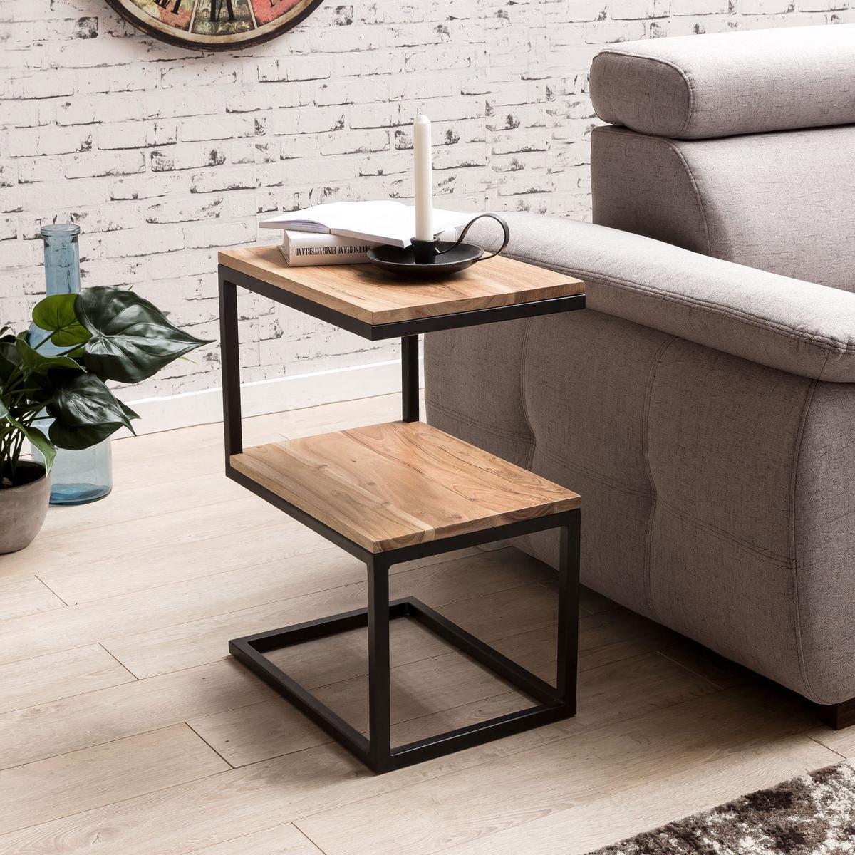 BEISTELLTISCH Massivholz Metall S-Form Landhausstil AKOLA, Akazie 30x45x60 cm - Schwarz/Akaziefarben, Holz/Metall (45/30/60cm) - KADIMA DESIGN