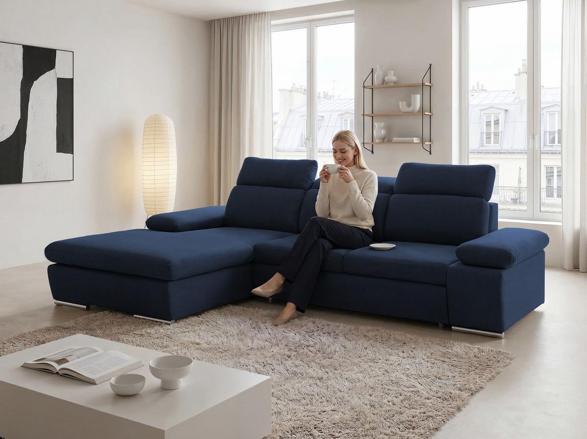 ECKSOFA PABLO mit Schlaffunktion und Bettkasten Marineblau - Dunkelblau, Holzwerkstoff/Kunststoff (250/90cm) - Idohome