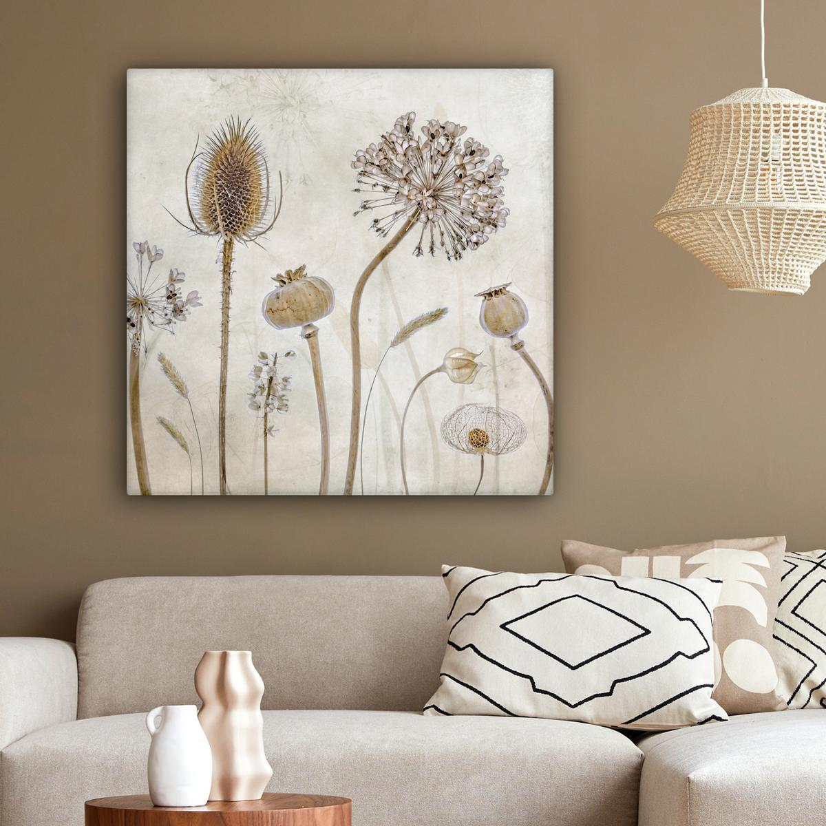 LEINWANDBILD Blumen - Aquarell - Stilleben - Braun - Vintage Deko Groß 90x90 cm - Beige, Textil (90/90cm) - MuchoWow