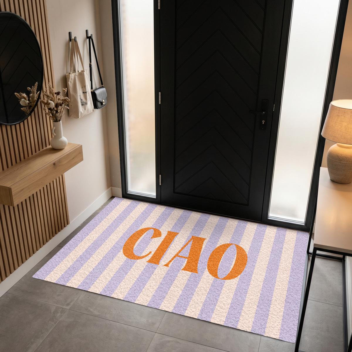 FUSSMATTE Ciao - Zitat - Pastell - Streifen Schmutzfangmatte 180x120 cm - Flieder, Kunststoff (180/0.4cm) - MuchoWow