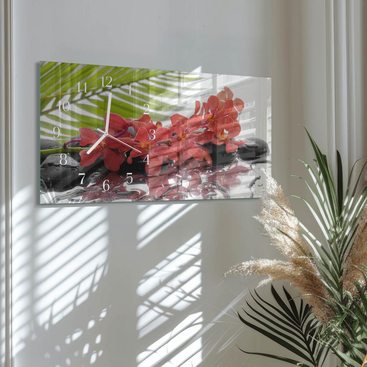 WANDUHR aus Glas 60x30 cm - Blumen und Steine - Rot, Glas (60/30/0.4cm) - TULUP