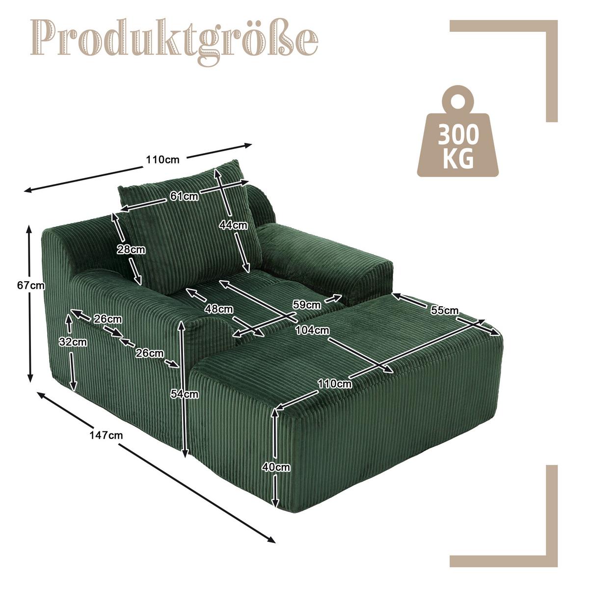 SESSEL mit Hocker in Cord Übergroßer Relaxsessel - Grün, Textil (110/67/147cm) - Urban Meuble