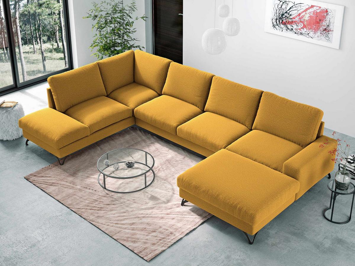 WOHNLANDSCHAFT Flavio U, Seite: Rechts - L3F+L2F+R1F - Gelb/Schwarz, Holz/Textil (367/91/214cm) - MIRJAN24