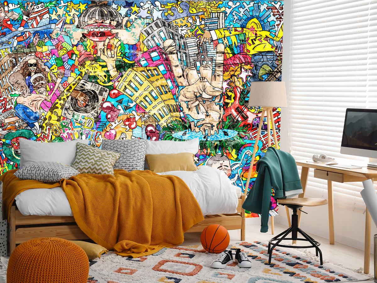 FOTOTAPETE für Jugendzimmer Buntes Graffiti Streetart Bunt 250x175 - Türkis/Gelb, Papier (250/175cm) - Muralo