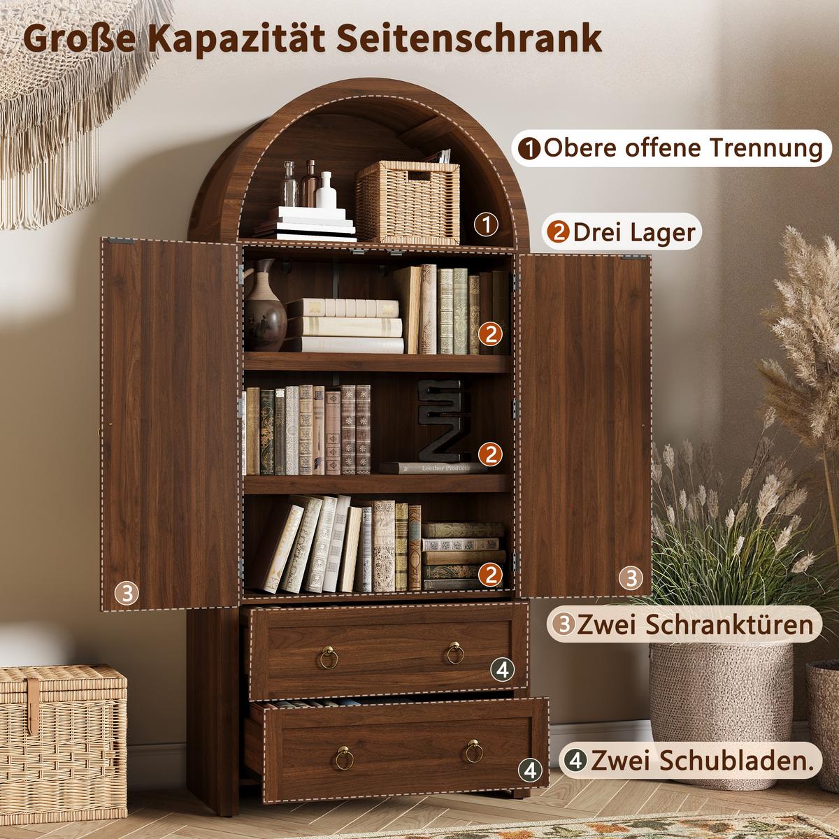 SIDEBOARD rattan bogen walnuss 180cm vintage - Walnussfarben, Holzwerkstoff (80/180/40cm) - Urban Meuble