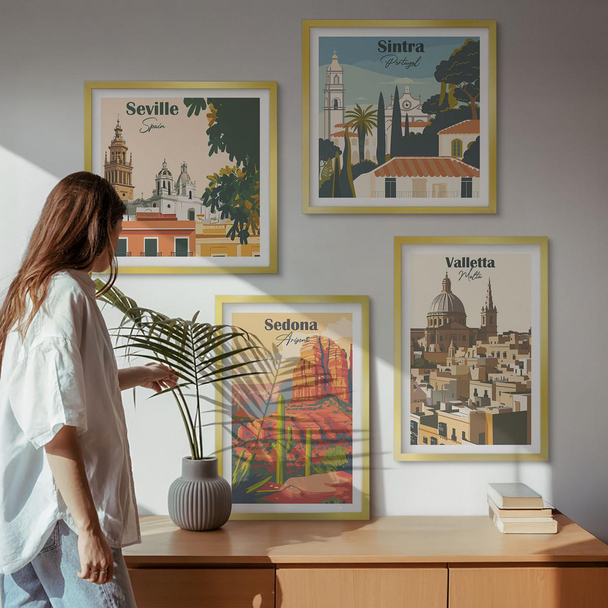 BILDER SET 4er Set - 50x50 cm & 40x60 cm Goldrahmen - Retro-Stadtansichten Sedona Sintra - Goldfarben, Kunststoff (50/50cm) - TULUP