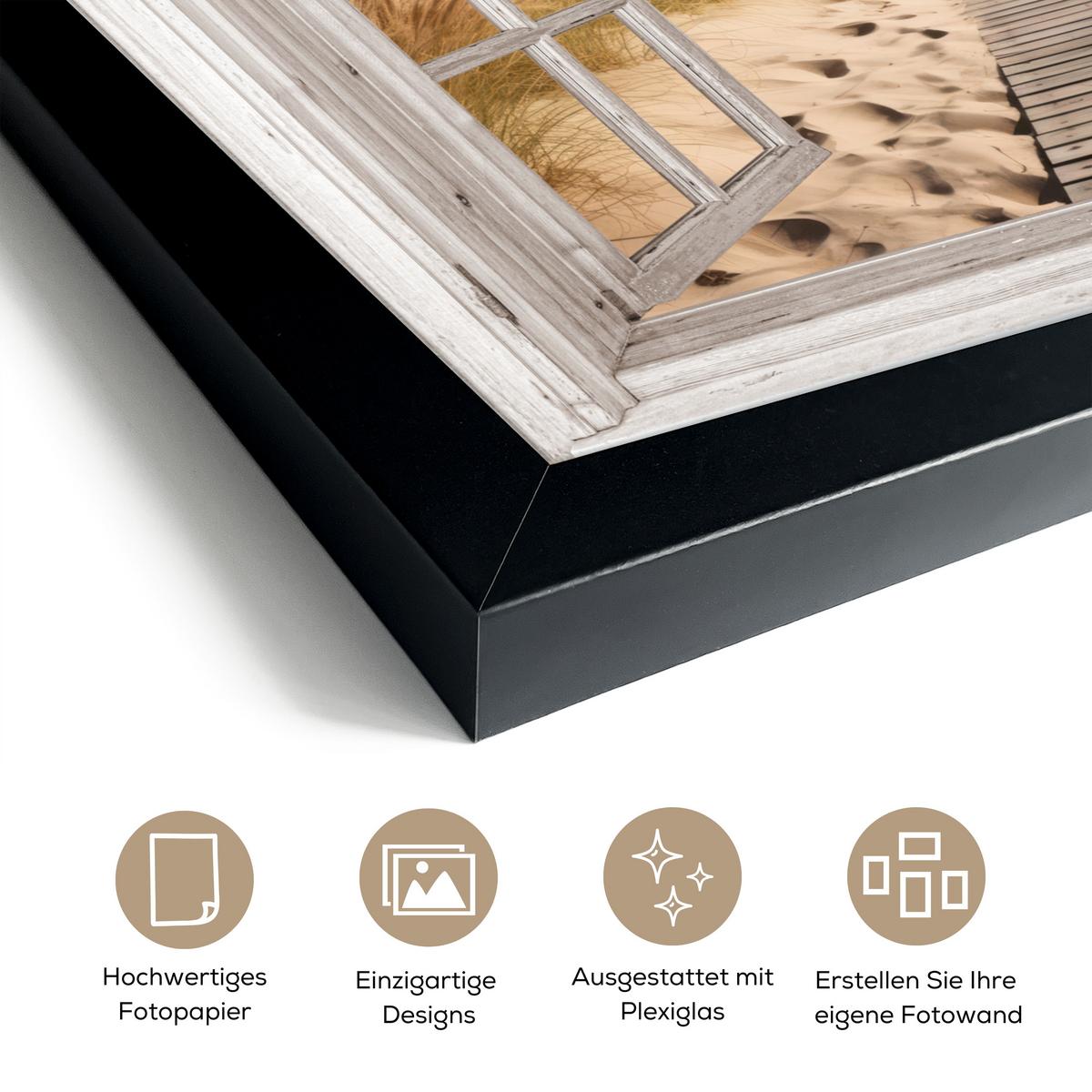 POSTER MIT RAHMENGERAHMTES BILD Fenster - Meer - Küste - Natur - Ausblick - Strand - Wattenmeer 40x30 cm - Beige, Papier (40/30cm) - MuchoWow