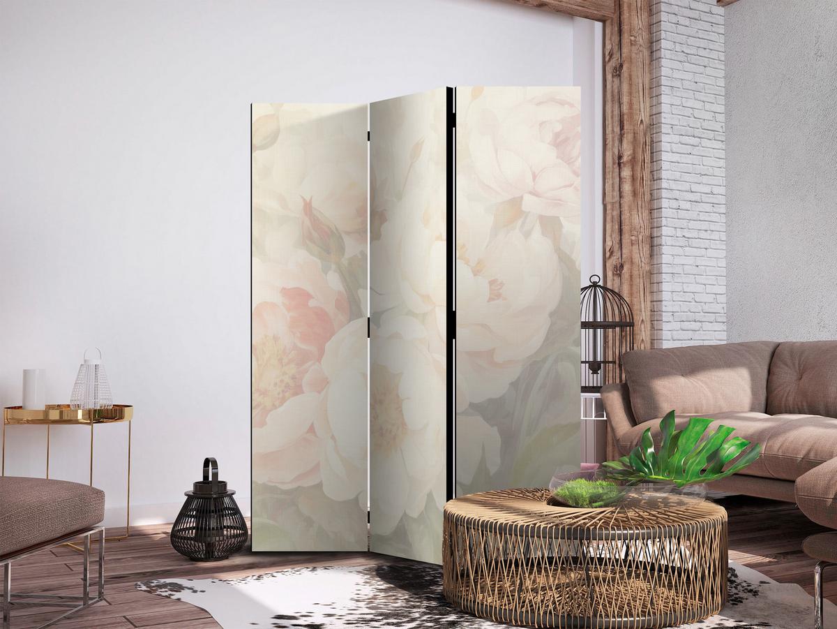 PARAVENT Beidseitig Bedruckter 3-tlg 135x172 cm Pfingstrosen Blumen - Creme, Holz/Textil (135/172/3cm) - Muralo