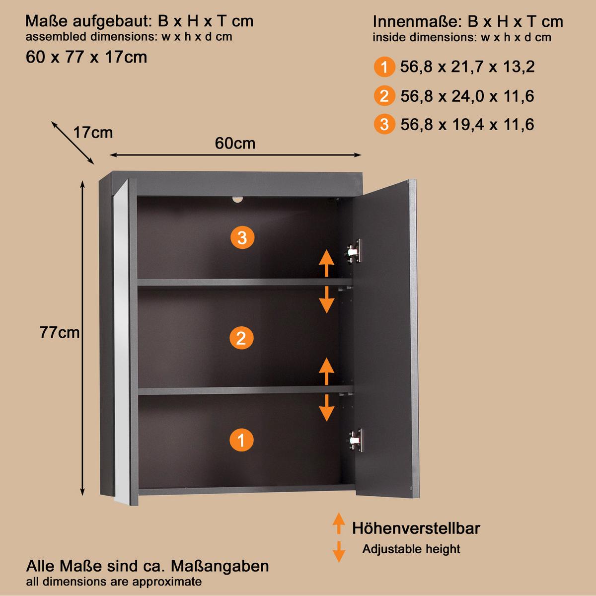 SPIEGELSCHRANK grau Hochglanz 60 x 77 cm 2-türig, Badschrank modern - Grau, Glas/Holzwerkstoff (60/77/17cm) - Top.Furn