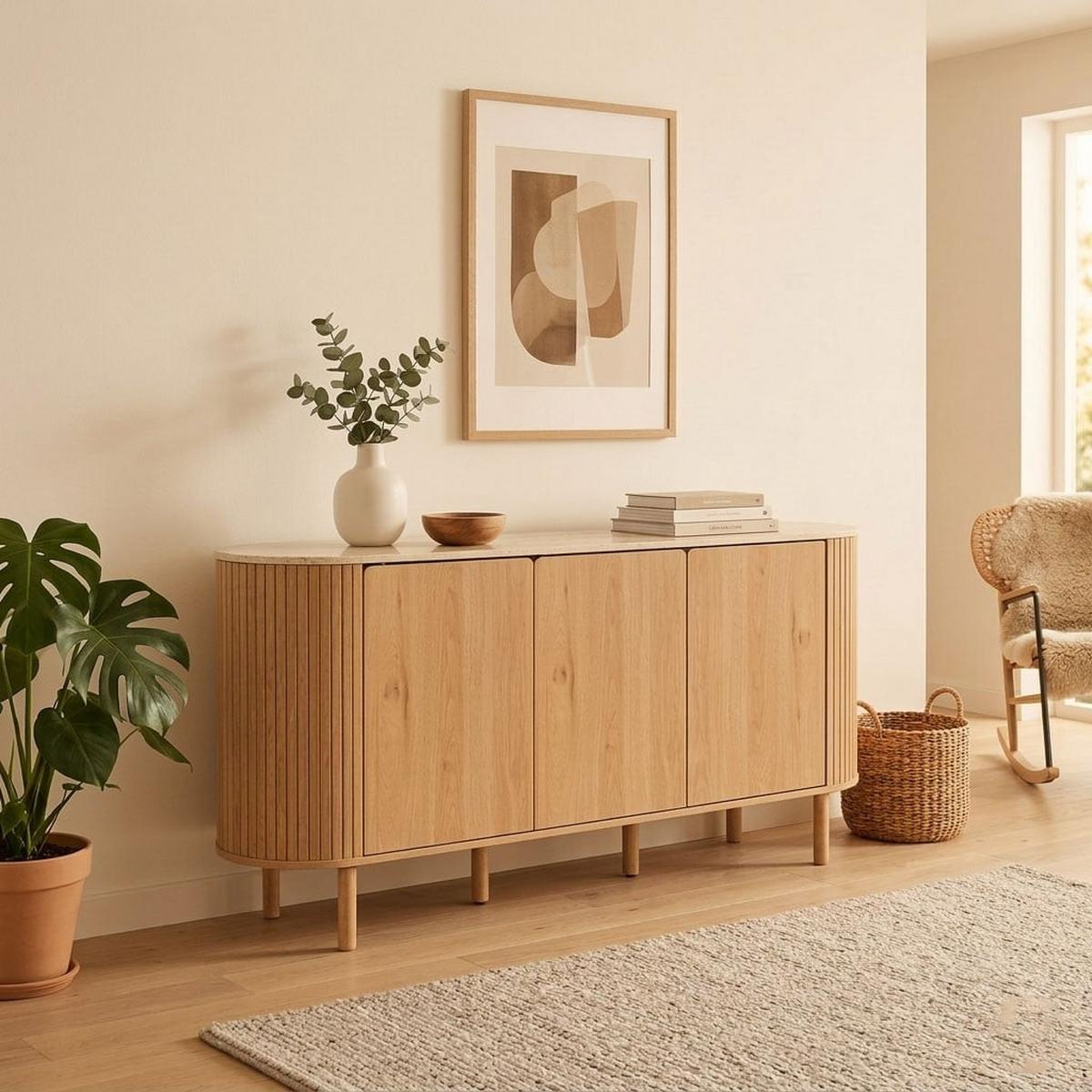 SIDEBOARD 3 Türen mit Travertin-Dekorplatte B160 cm - HELIOS - Eschefarben, Holzwerkstoff (40/80/48cm) - Calicosy